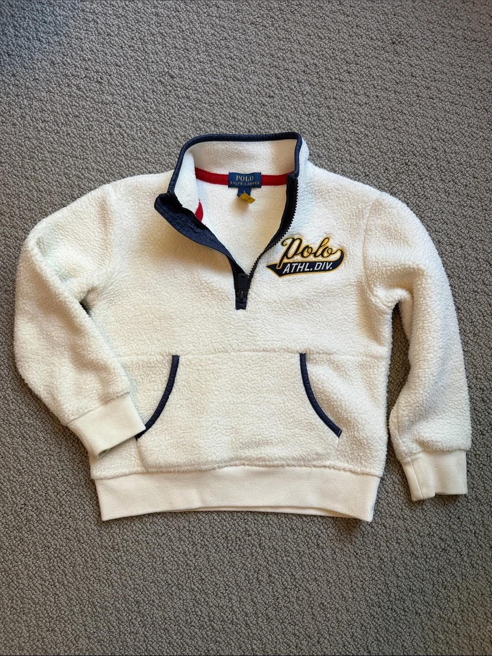 Polo by Ralph Lauren Cream Sherpa Quarter-Zip Pullover with Navy Trim